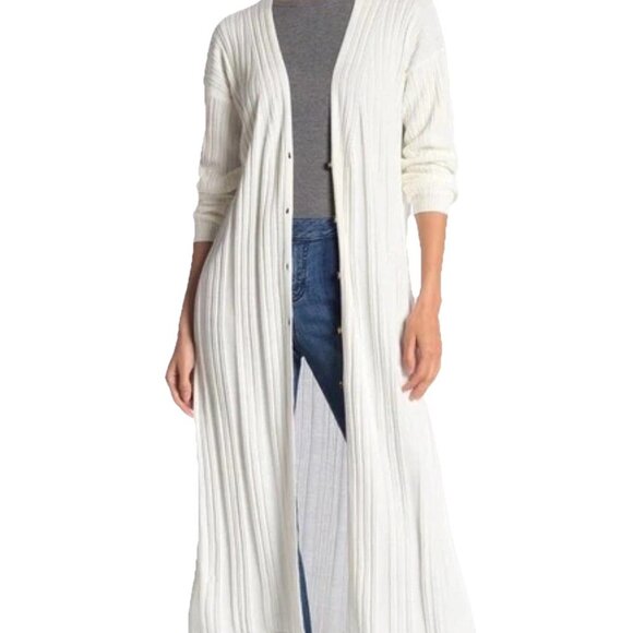 FREE PEOPLE Ivory Ribbed Long Sleeve Long Duster Cardigan Sweater Size L - Picture 1 of 12